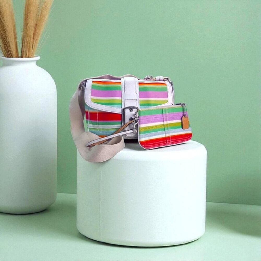 Coach Hampton Flap Multicolor Striped Crossbody/Shoulder Bag and wallet